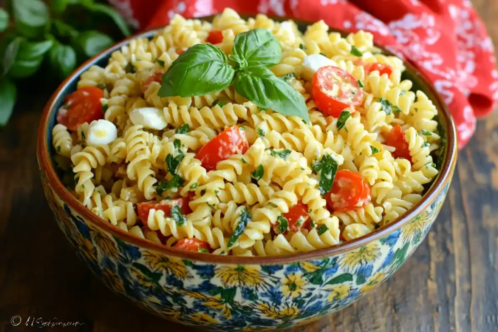 Bowl of 4 ingredient pasta salad with tomatoes and basil.