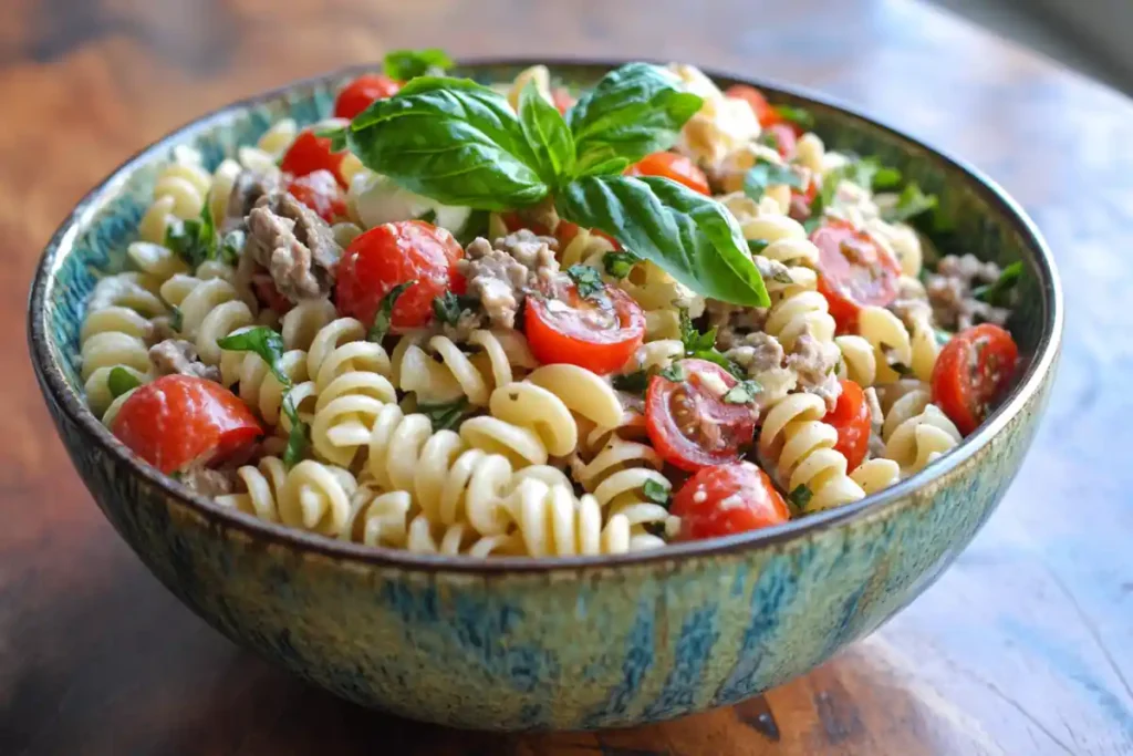 Bowl of 4 ingredient pasta salad with cherry tomatoes and mozzarella.