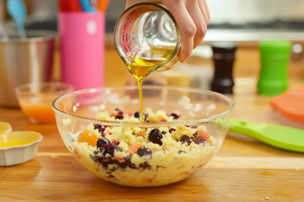 Pouring oil into a mixing bowl with dump cake ingredients.