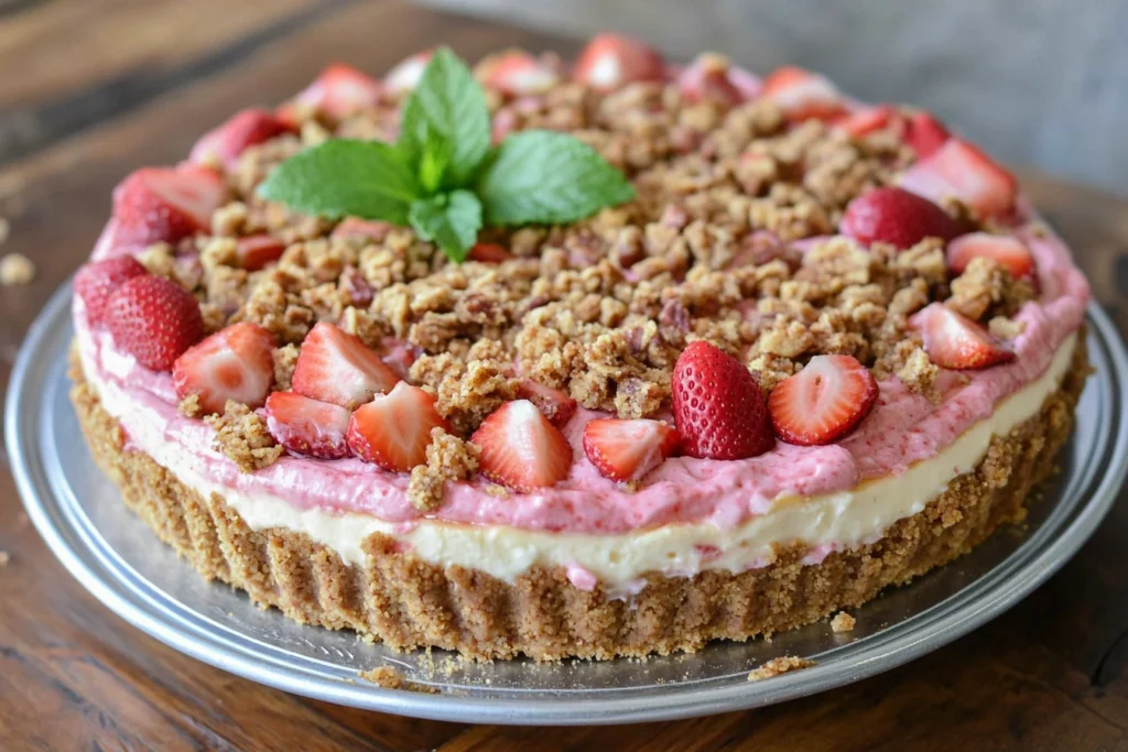 Strawberry crunch cheesecake with creamy layers and crunchy topping