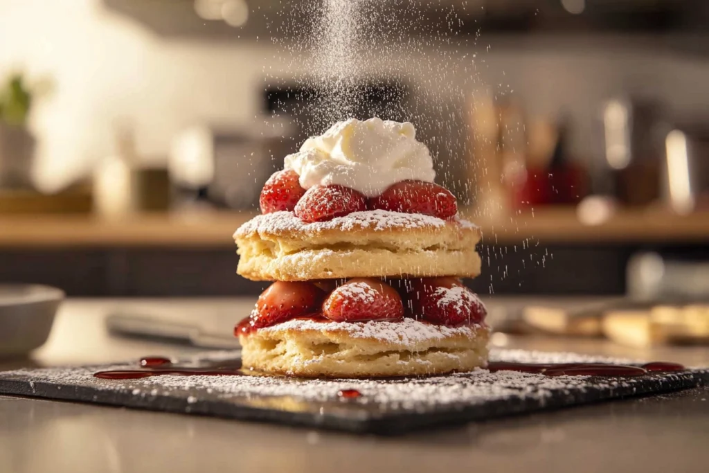 Step-by-step assembly of strawberry shortcake with biscuit, strawberries, and whipped cream