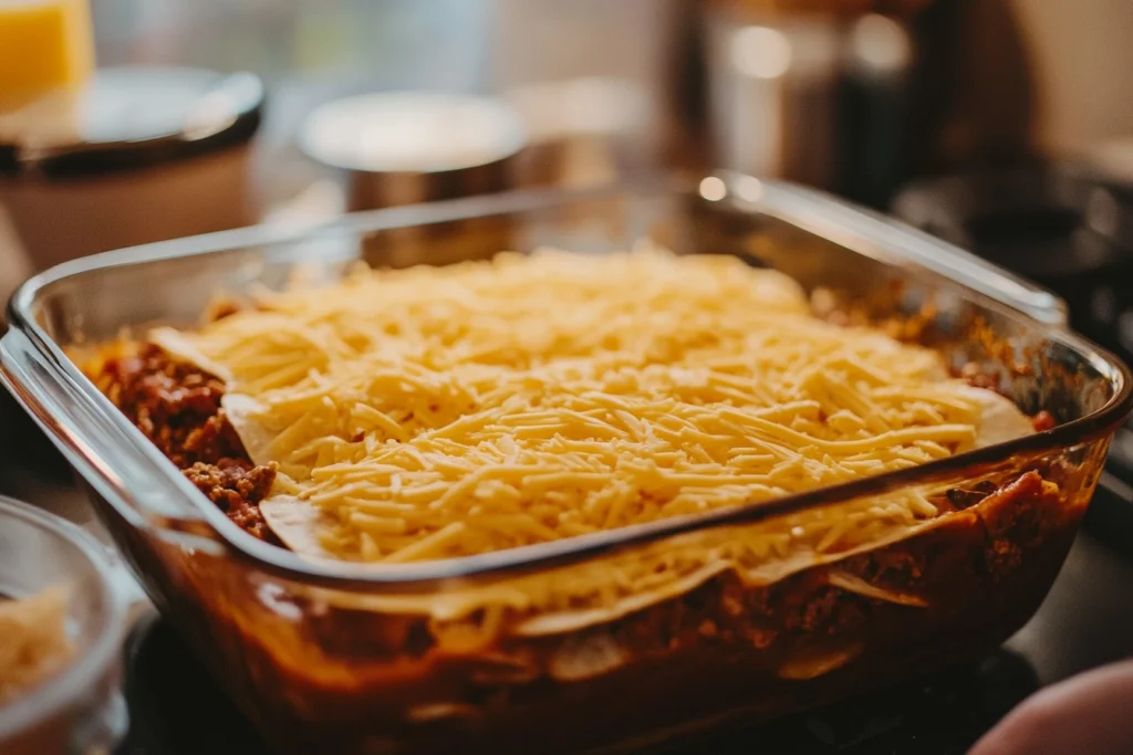 Layering taco lasagna in a casserole dish