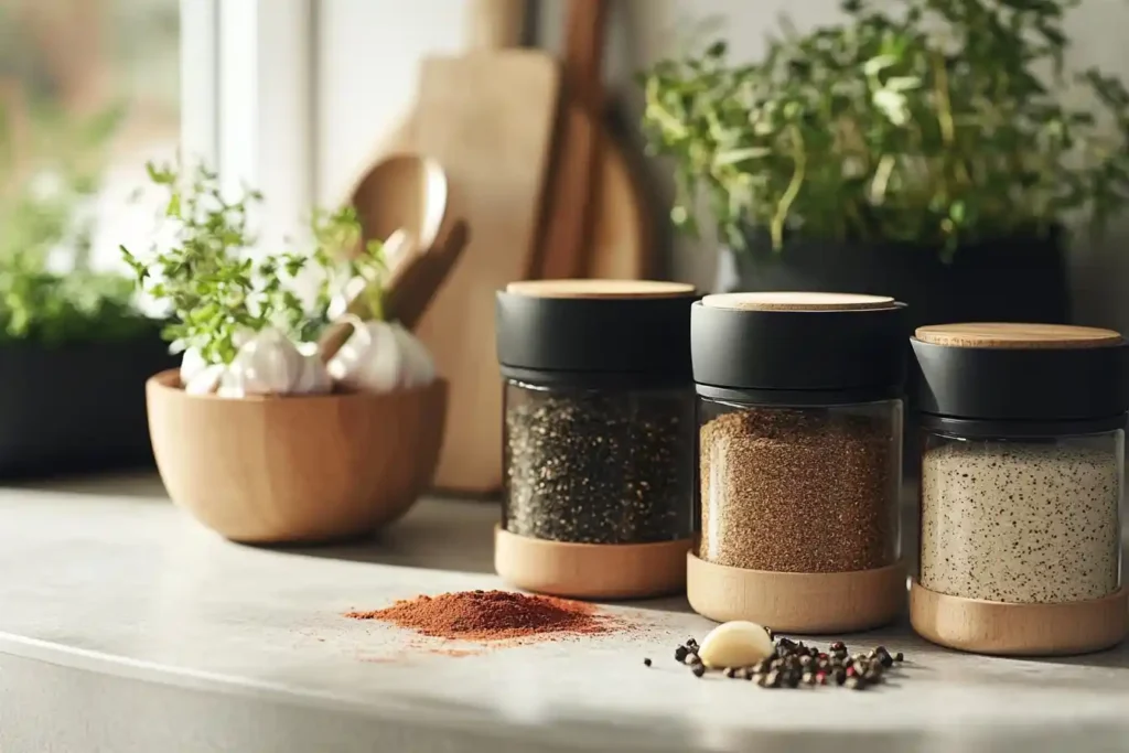 Close-up of seasoning jars for burger patties.