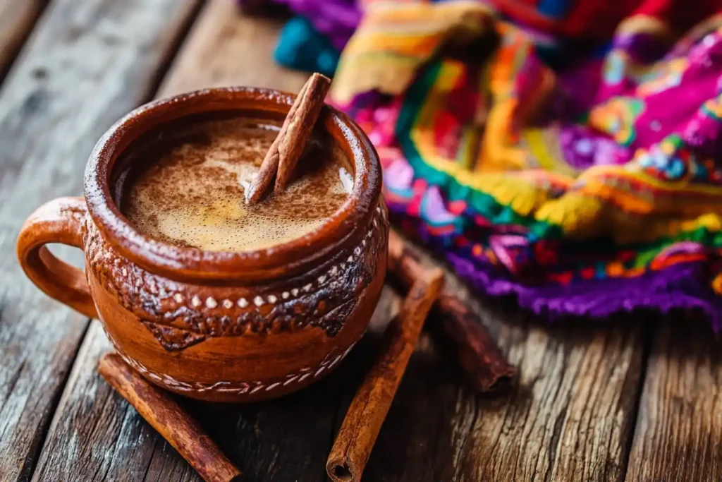 Café de Olla served in a clay pot with cinnamon and piloncillo.