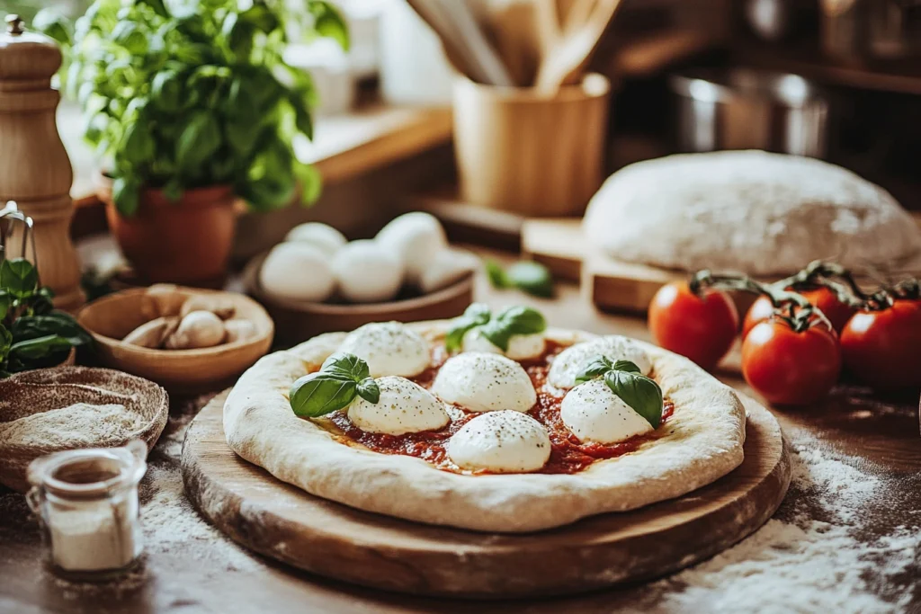 Traditional Italian pizza pie with fresh mozzarella and basil.