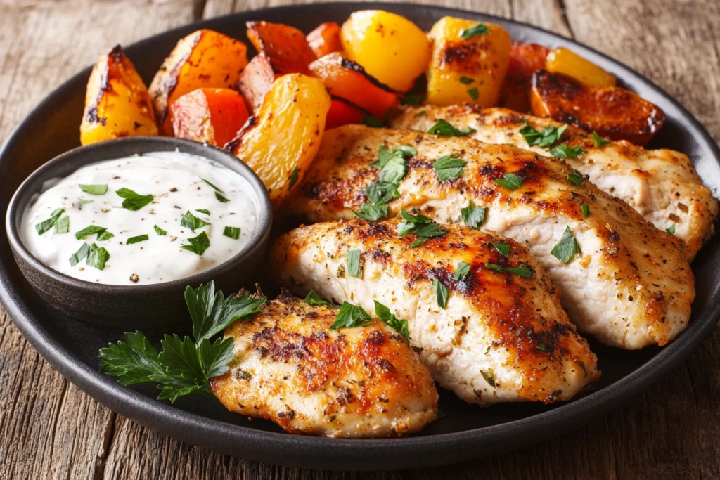 Baked chicken cutlets with vegetables and dipping sauce.