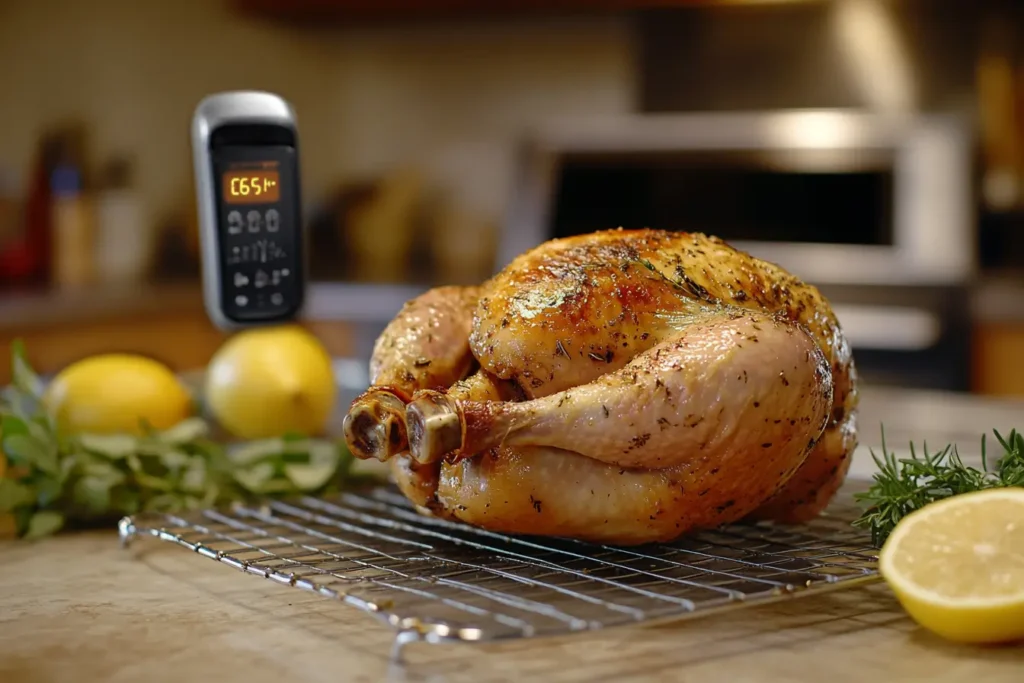 Perfectly baked whole chicken with crispy skin and herbs