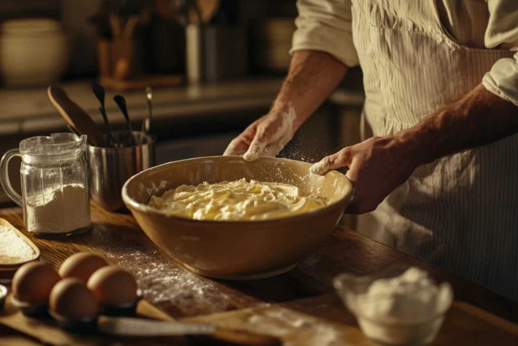 Baker preparing ingredients for an 8-inch cake on a wooden countertop