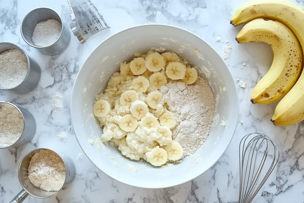 Mixing ingredients for banana bread in a bowl.