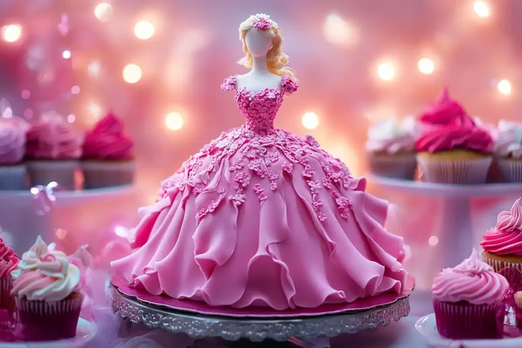 Barbie cake with pink fondant gown, surrounded by cupcakes and fairy lights.