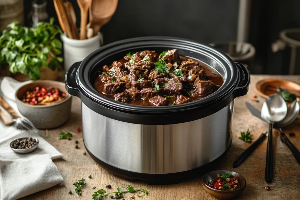 Slow cooker filled with beef tips in a savory gravy.