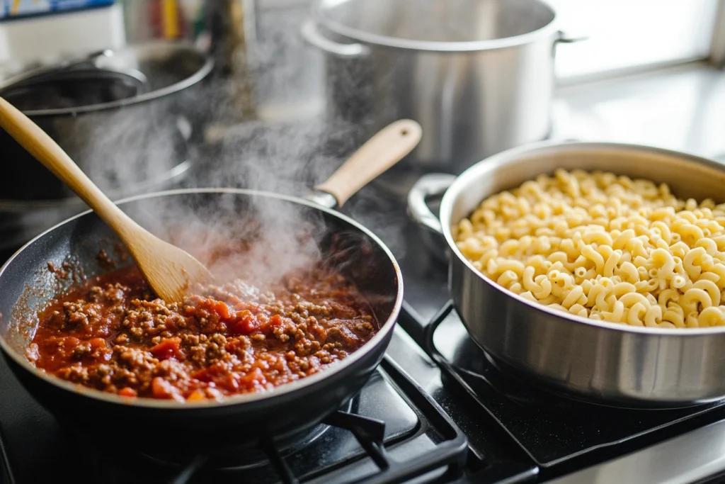 Cooking beefaroni on the stovetop with sauce and pasta boiling.