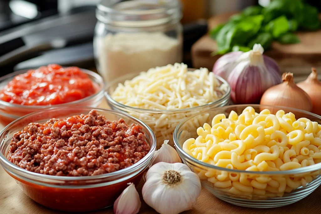 Ingredients for beefaroni recipe on a countertop