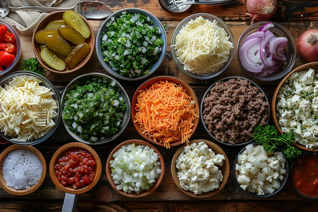 Ingredients for Big Mac Casserole recipe, including ground beef, cheese, and pickles.