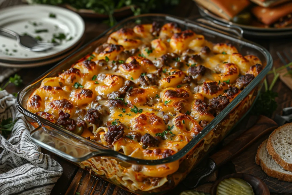 Baked Big Mac Casserole with melted cheese and pickles.