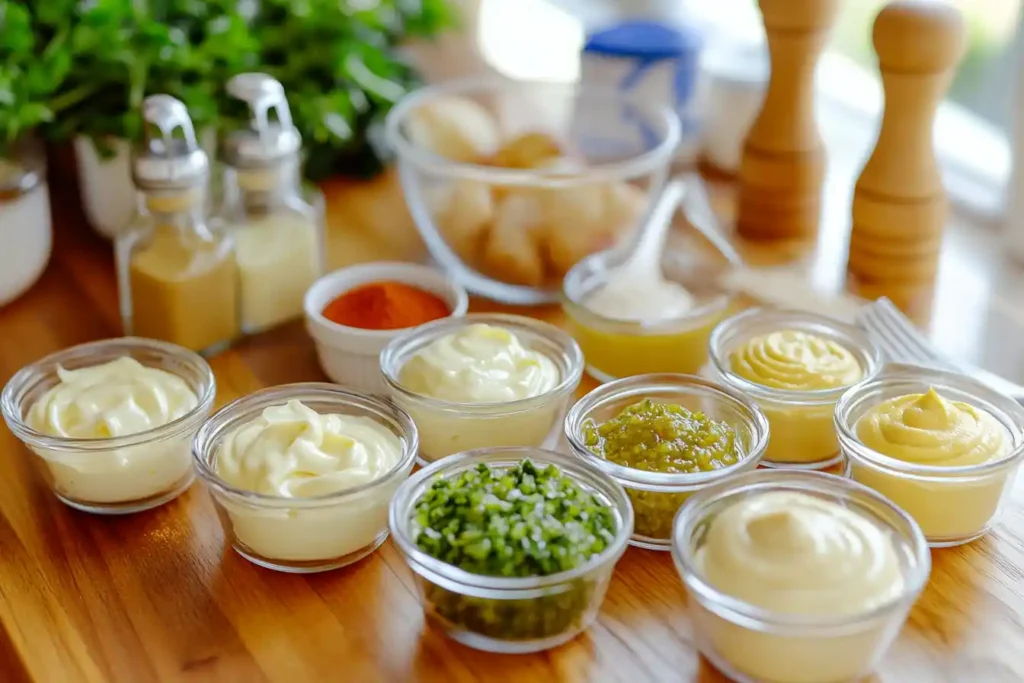 Ingredients for homemade Big Mac Sauce on a kitchen counter.