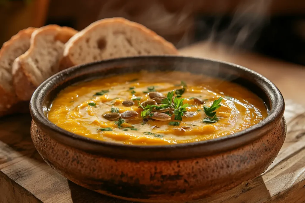 Creamy pumpkin soup garnished with parsley and seeds.