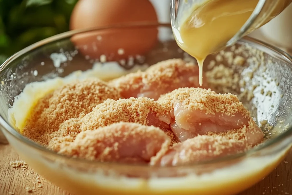 Chicken being coated with breadcrumbs and Parmesan cheese