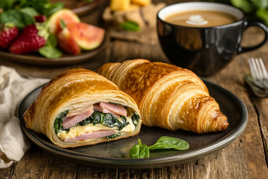 Two Costco croissants on a plate, one sliced open and filled with ham, spinach, and cheese, served with fresh fruits and a cup of cappuccino.