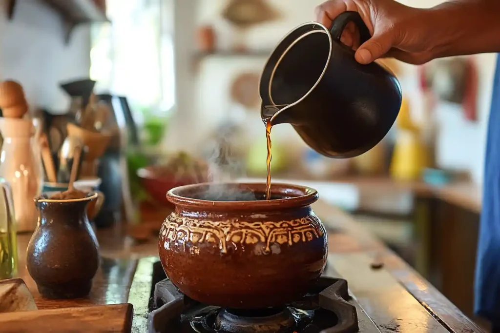 Brewing Café de Olla with cinnamon and piloncillo in a clay pot.