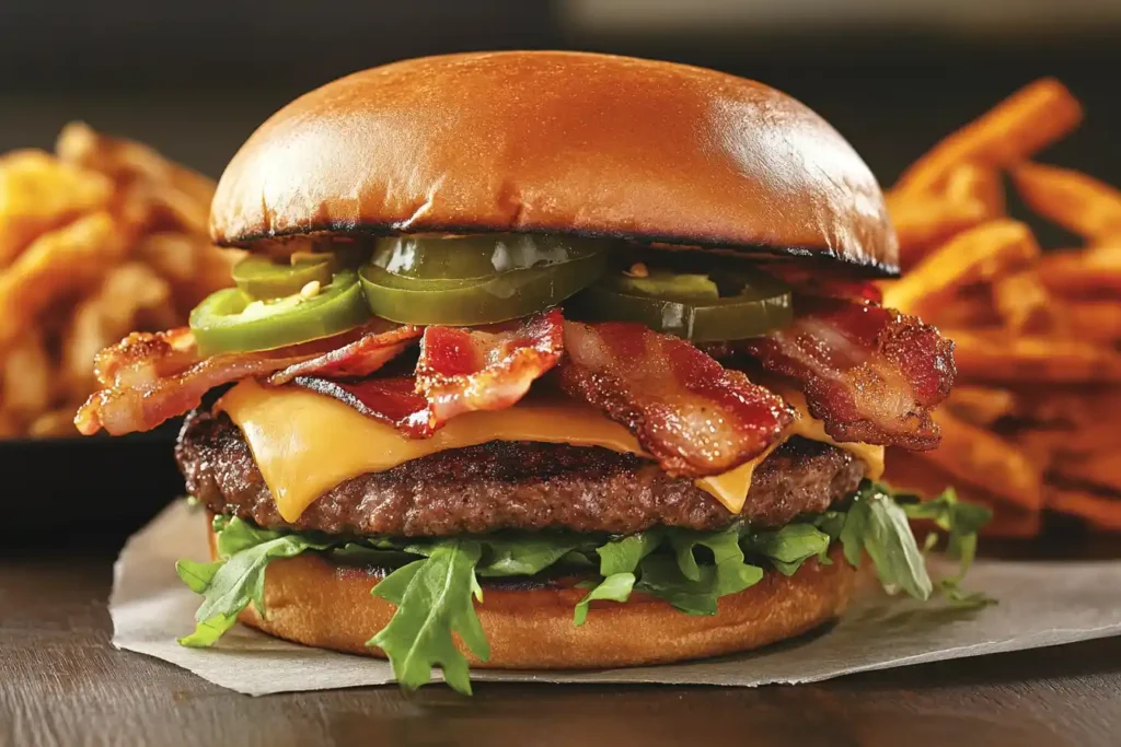 Assembled burger with vibrant toppings demonstrating what is the secret ingredient in a good burger.