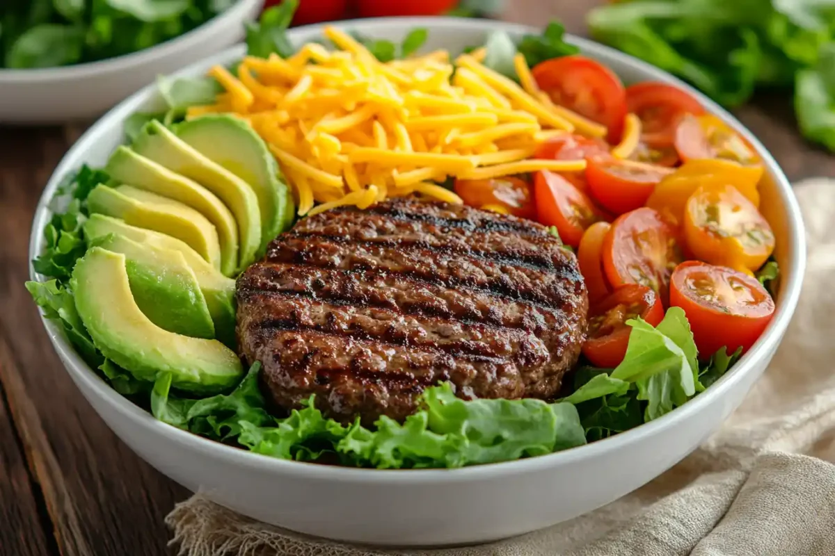 Burger bowl with beef, avocado, cheese, lettuce, and tomatoes.