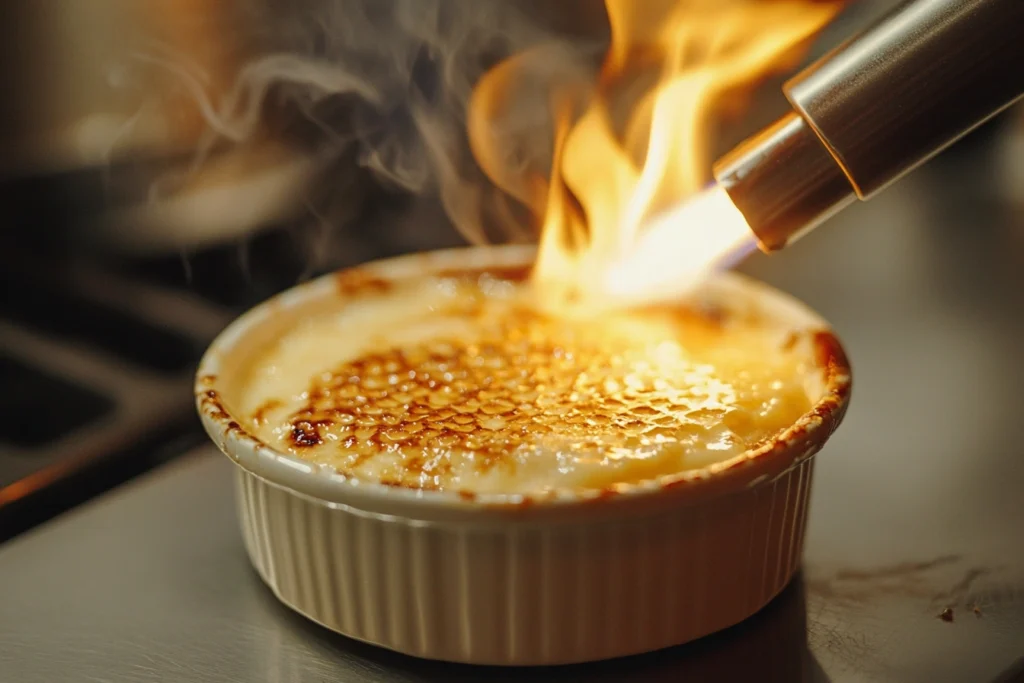 Close-up of a kitchen torch caramelizing sugar on a ramekin filled with crab brûlée.