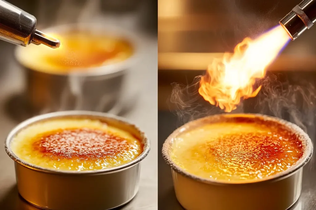 Steps to caramelize crème brûlée with a blowtorch.