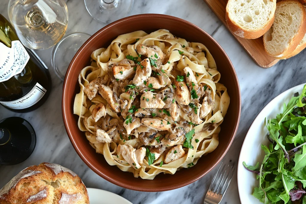 Table setup with Chicken Marsala Fettuccine, salad, and wine