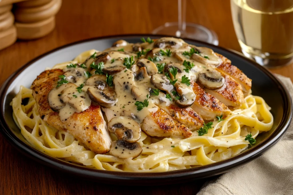 Plate of Chicken Marsala Fettuccine with creamy sauce and mushrooms.