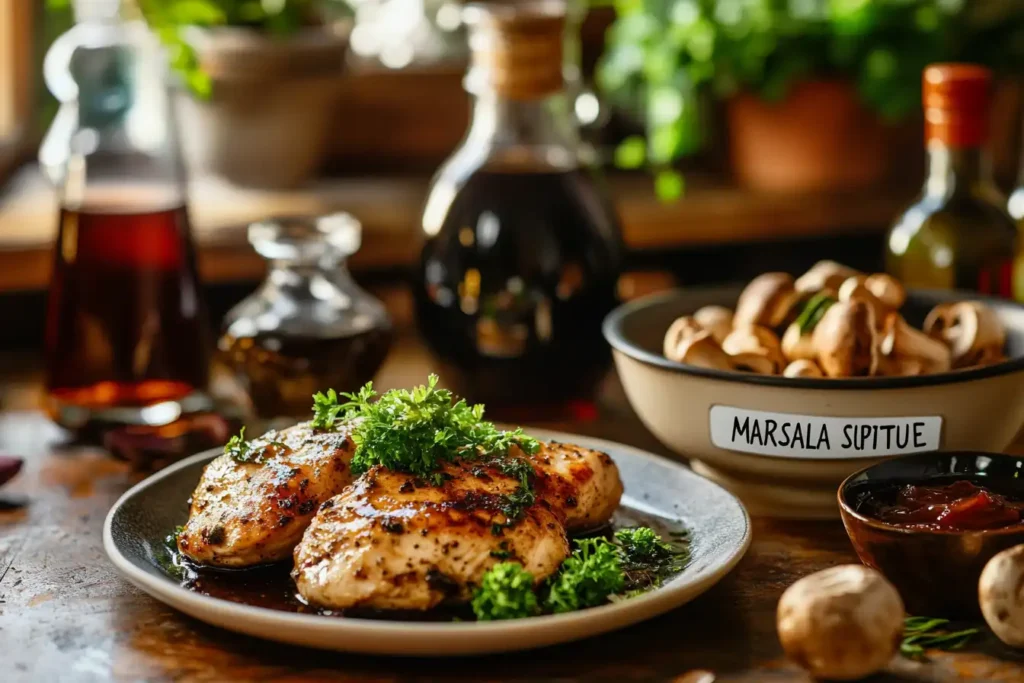 Chicken Marsala with parsley and substitute ingredients like mushrooms and balsamic vinegar