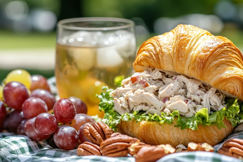 Chicken salad croissant sandwich with lettuce, grapes, pecans, and iced tea.