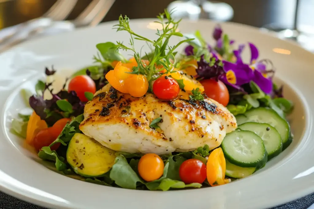 Plated chicken salad on greens with colorful vegetables