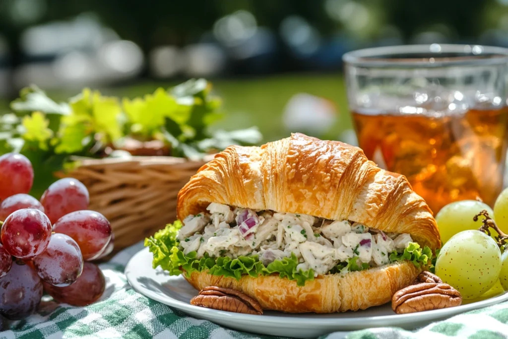 A picnic setup featuring a chicken salad sandwich