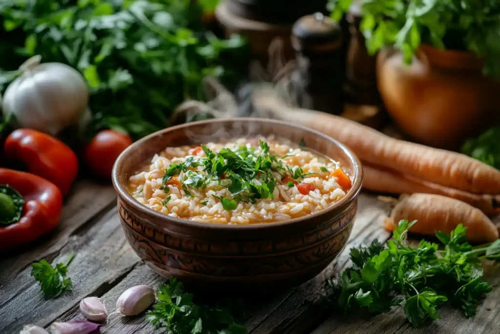 Steaming chicken and rice soup with fresh parsley