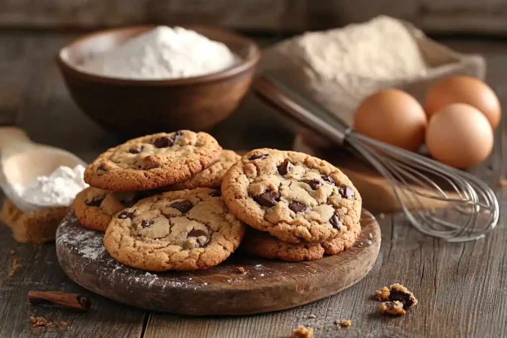 Chocolate chip cookies with eggs, flour, and a whisk in the background.