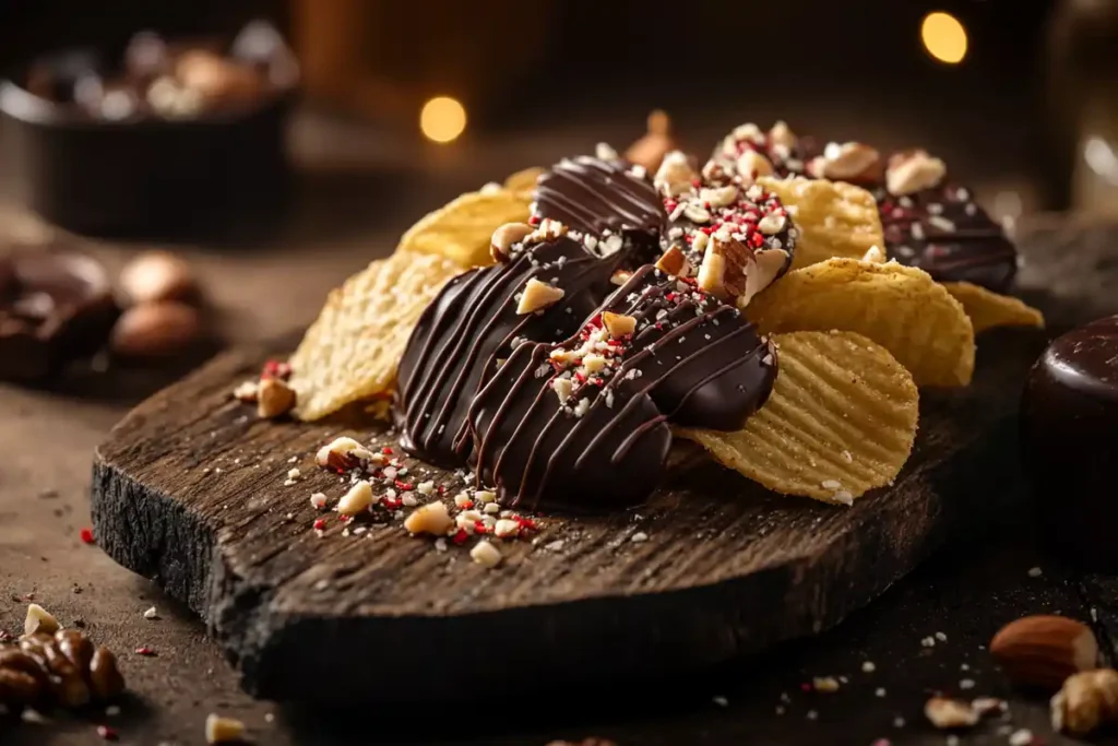 Chocolate-covered potato chips with nuts and sprinkles on a wooden board.