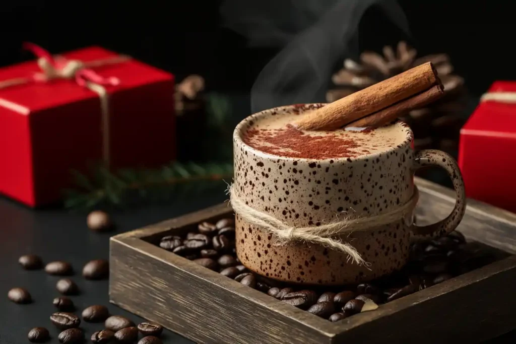 Steaming cup of coffee with cinnamon garnish on a rustic tray.