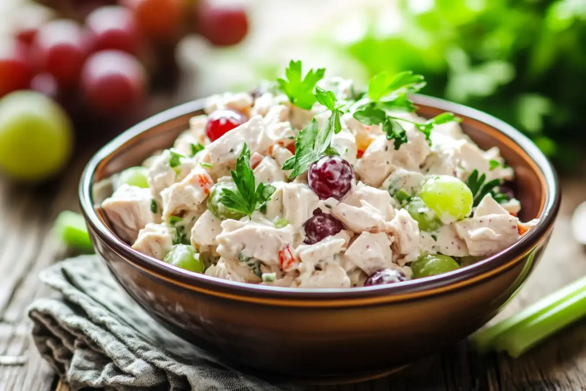 Bowl of chicken salad with fresh herbs and grapes