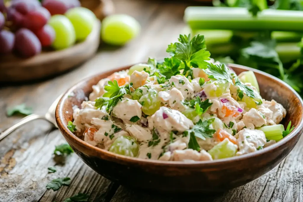 Bowl of chicken salad with fresh herbs and grapes