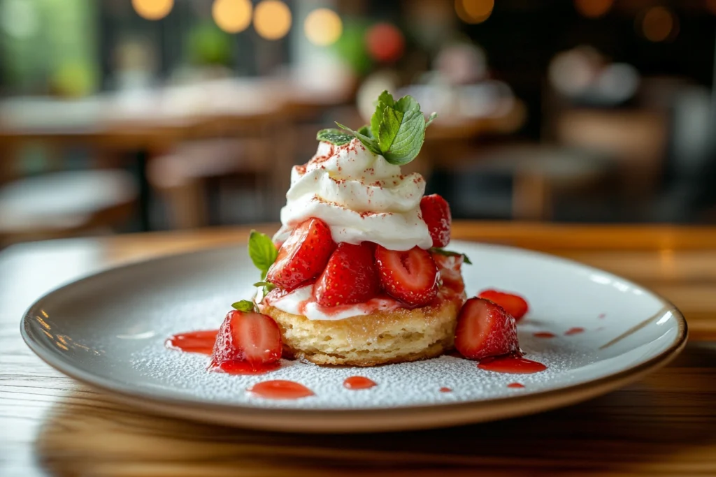 A classic strawberry shortcake with biscuit, whipped cream, and strawberries