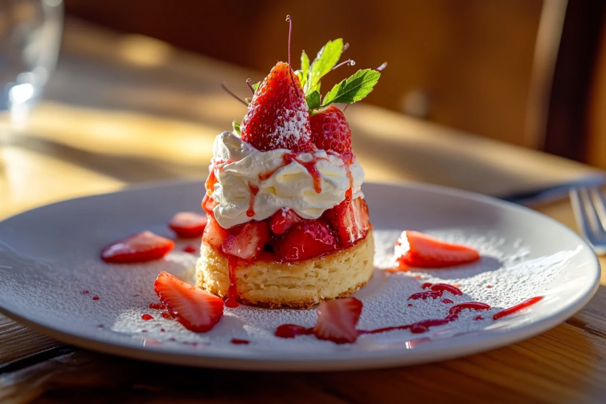 A beautifully styled strawberry shortcake featuring a golden biscuit base, whipped cream, fresh strawberries, and a drizzle of strawberry syrup on a white plate