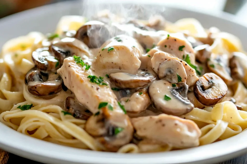 Close-up of Chicken Marsala Fettuccine with creamy sauce and mushrooms