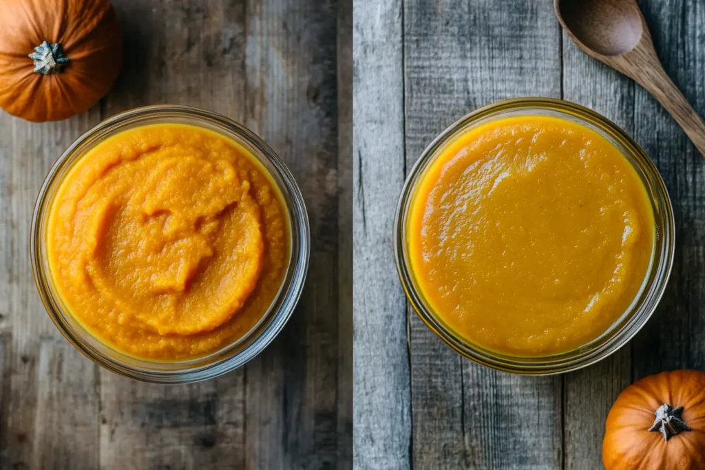 Canned pumpkin soup and pumpkin puree side-by-side in bowls.