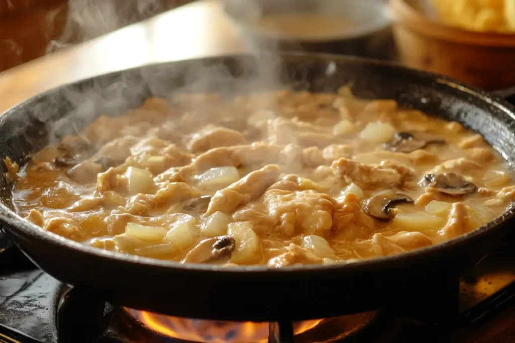 Chicken fricassee filling cooking in a skillet with mushrooms and onions.