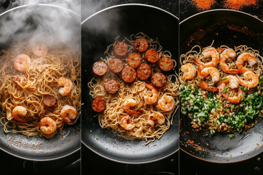 The cooking process of crybaby noodles in a wok with steaming flavors.