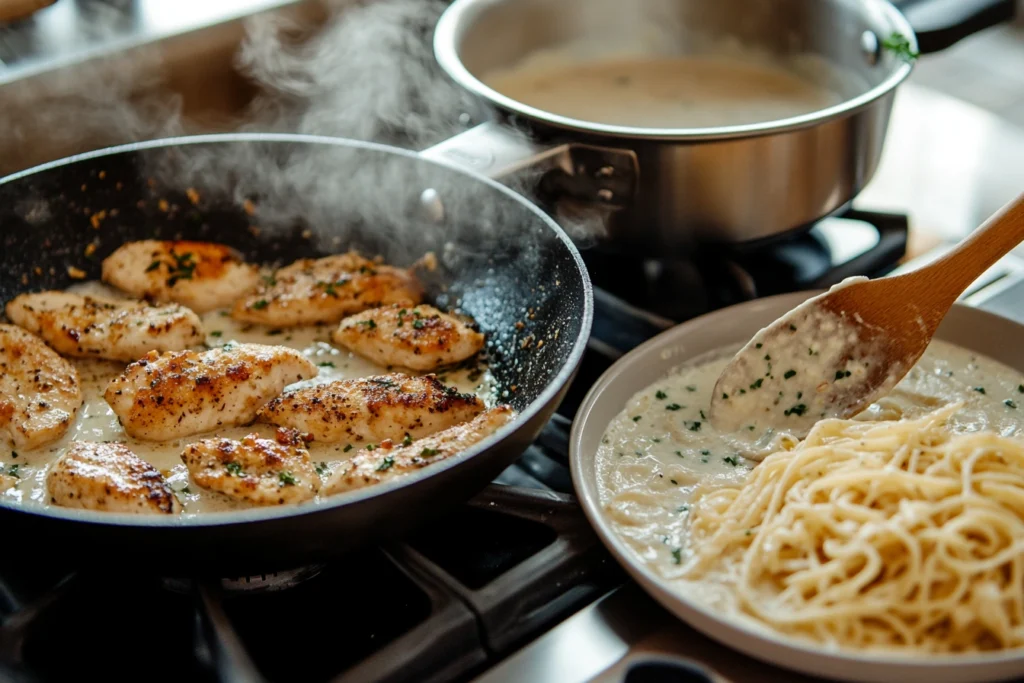 Cooking garlic parmesan chicken and sauce in a skillet.