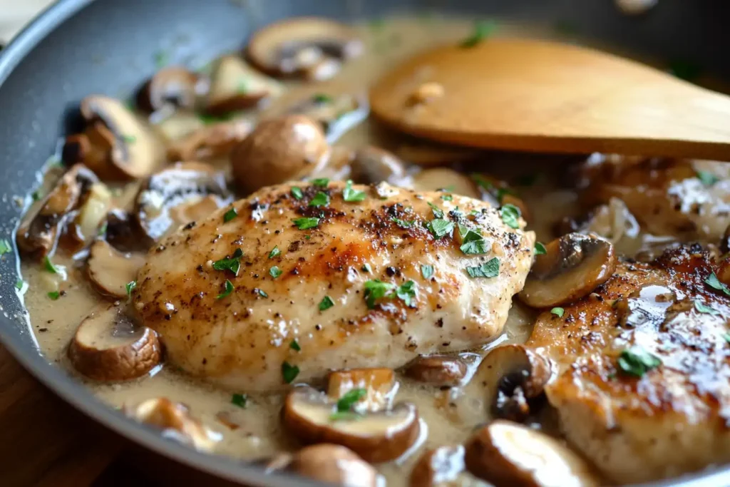 Marsala wine sauce with mushrooms in a skillet.