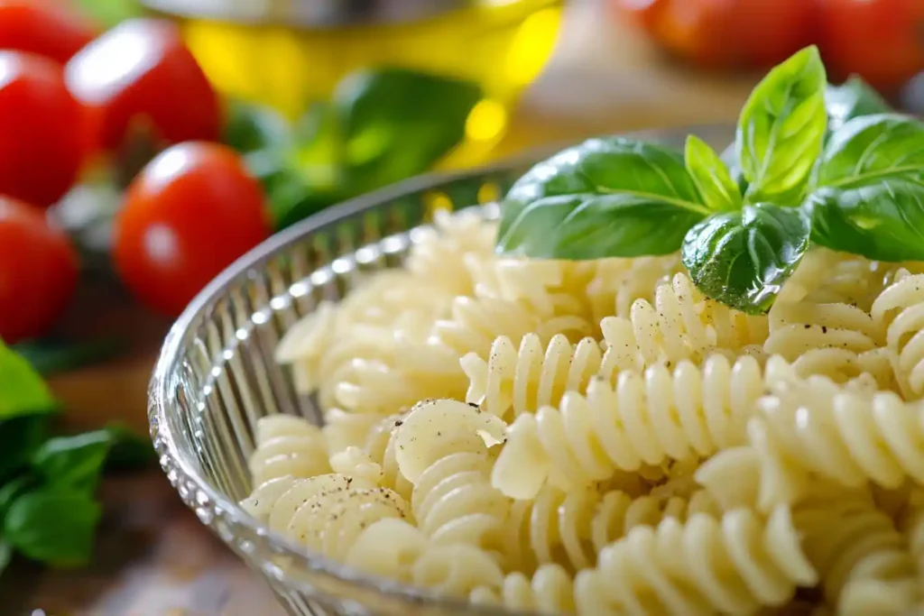 Rotini pasta cooling in a colander with fresh vegetables in the background.