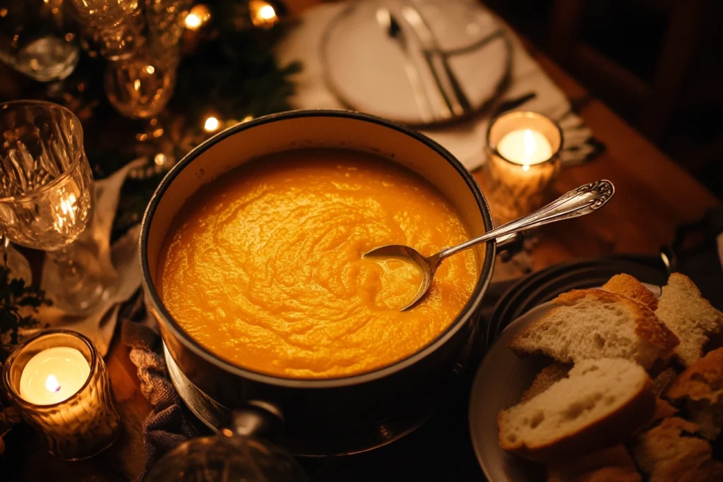 A warm dining table setup featuring a pot of pumpkin soup and bread